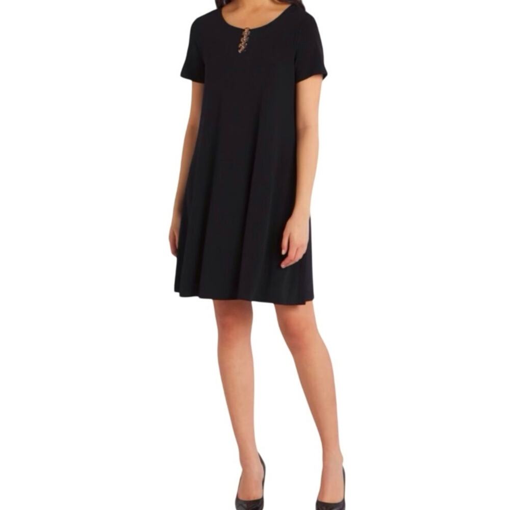 NWT Fortune & Ivy Adele black swing dress silver circle accent scoop neckline